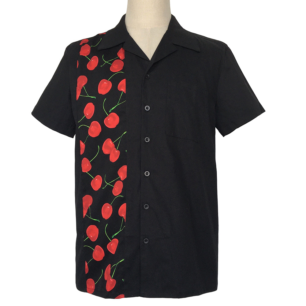 Retro Cherry Print Cuban Collar Shirt | Men's Vintage Bowling Button Down Shirt