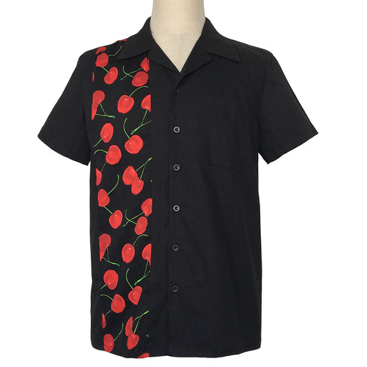 Retro Cherry Print Cuban Collar Shirt | Men's Vintage Bowling Button Down Shirt
