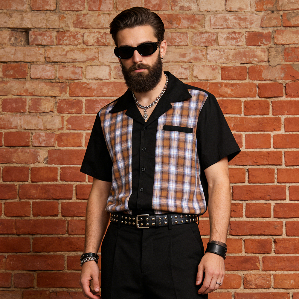 Men's Vintage Plaid Bowling Shirt | Rockabilly Pinup Style Short-Sleeve Casual Top