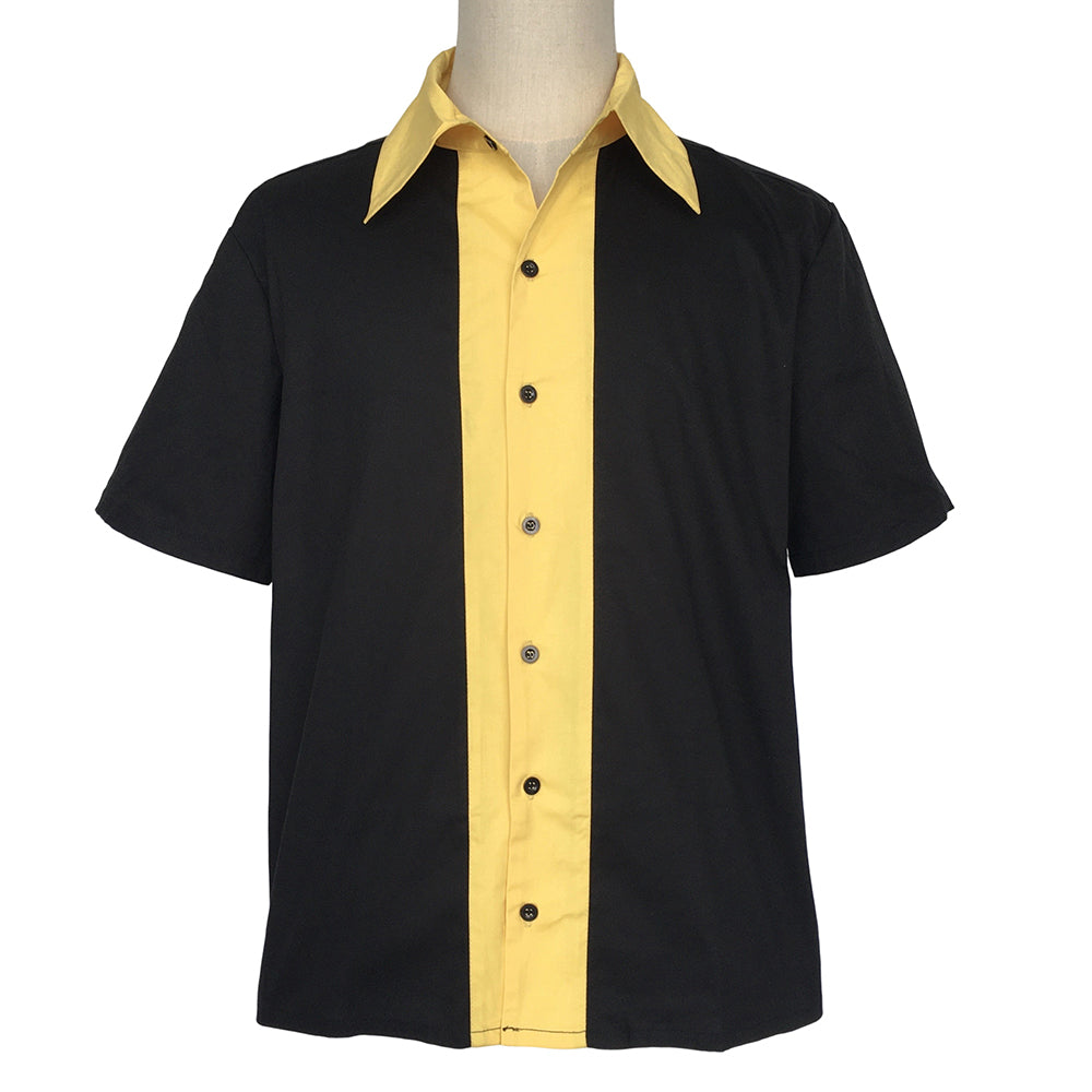 Men's Vintage Black Yellow Striped Short Sleeve Shirt Women's Retro Button Down Casual Bowling Shirt Custom Wholesale