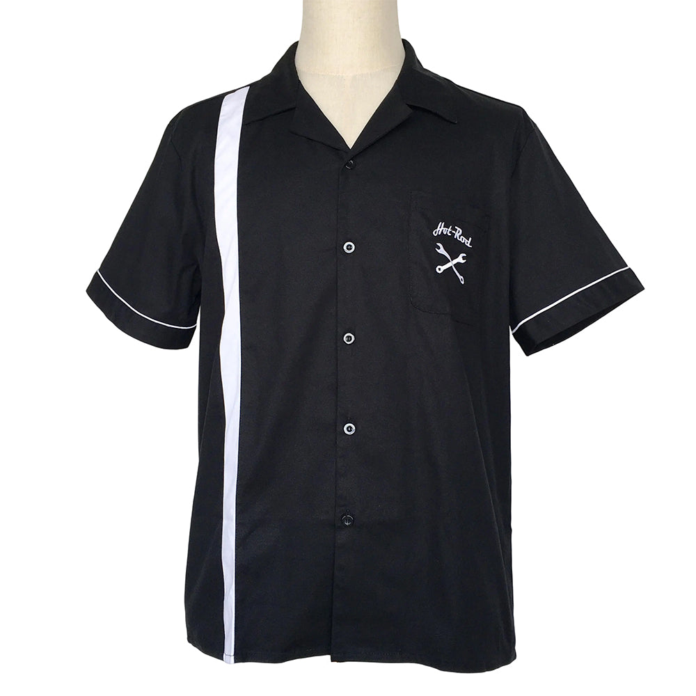 Retro American Color Block Embroidered Biker Camp Collar Short Sleeve Shirt For Men