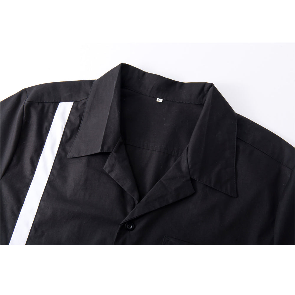 Retro American Color Block Embroidered Biker Camp Collar Short Sleeve Shirt For Men