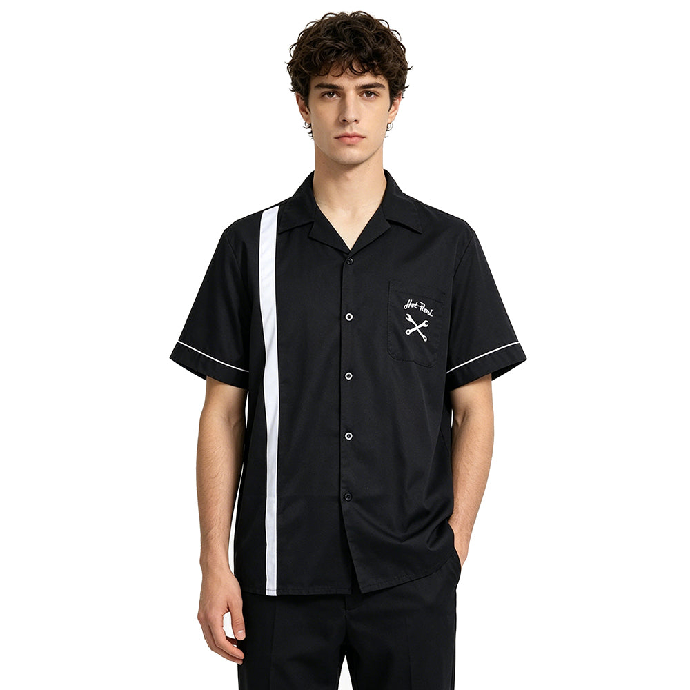 Retro American Color Block Embroidered Biker Camp Collar Short Sleeve Shirt For Men