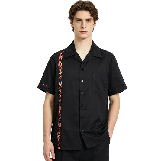 Vintage 50s Men's Flame Print Short Sleeve Shirt | Rockabilly Bowling Style Button Up