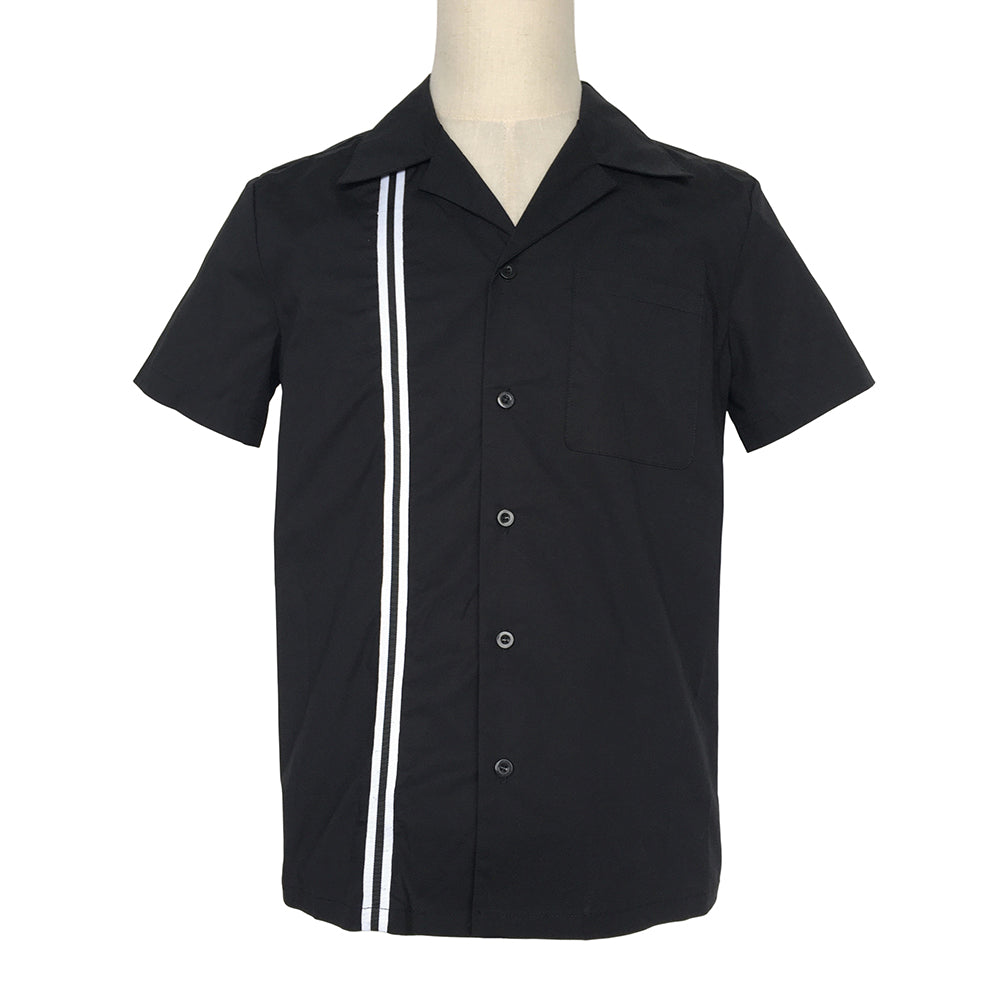 Men's Vintage Bowling Shirt Black White Stripe Short Sleeve Casual Retro Top