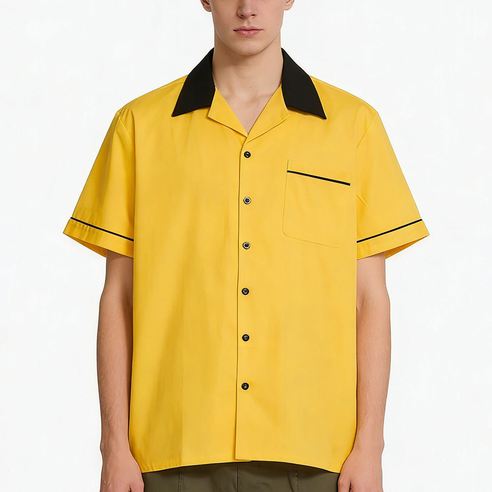 Men's Bright Yellow Black Contrast Collar Cuban Collar Shirt - Retro Bowling Style