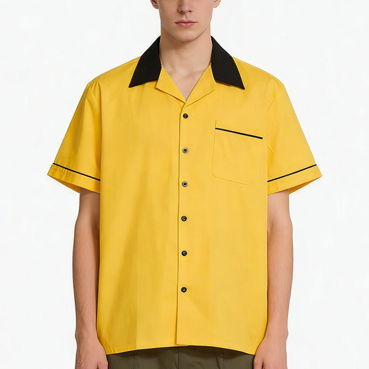 Men's Bright Yellow Black Contrast Collar Cuban Collar Shirt - Retro Bowling Style