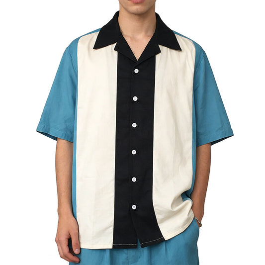 Candowlook Original Design Men's Bowling Shirt, Teal Black Cream Color Block, Cotton Loose Short Sleeve Casual Daily Wear (Plus Size Available)