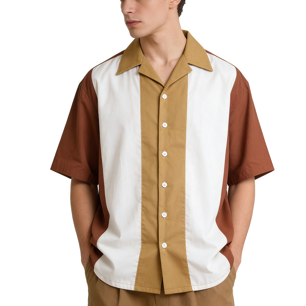 Men's Retro Cuban Collar Short-Sleeve Color Block Shirt (Brown/Beige/White) - Relaxed Fit Casual Top