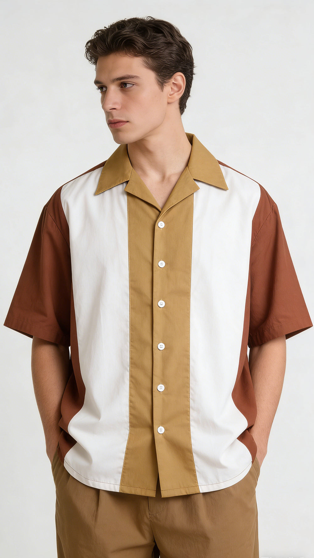 Men's Retro Cuban Collar Short-Sleeve Color Block Shirt (Brown/Beige/White) - Relaxed Fit Casual Top