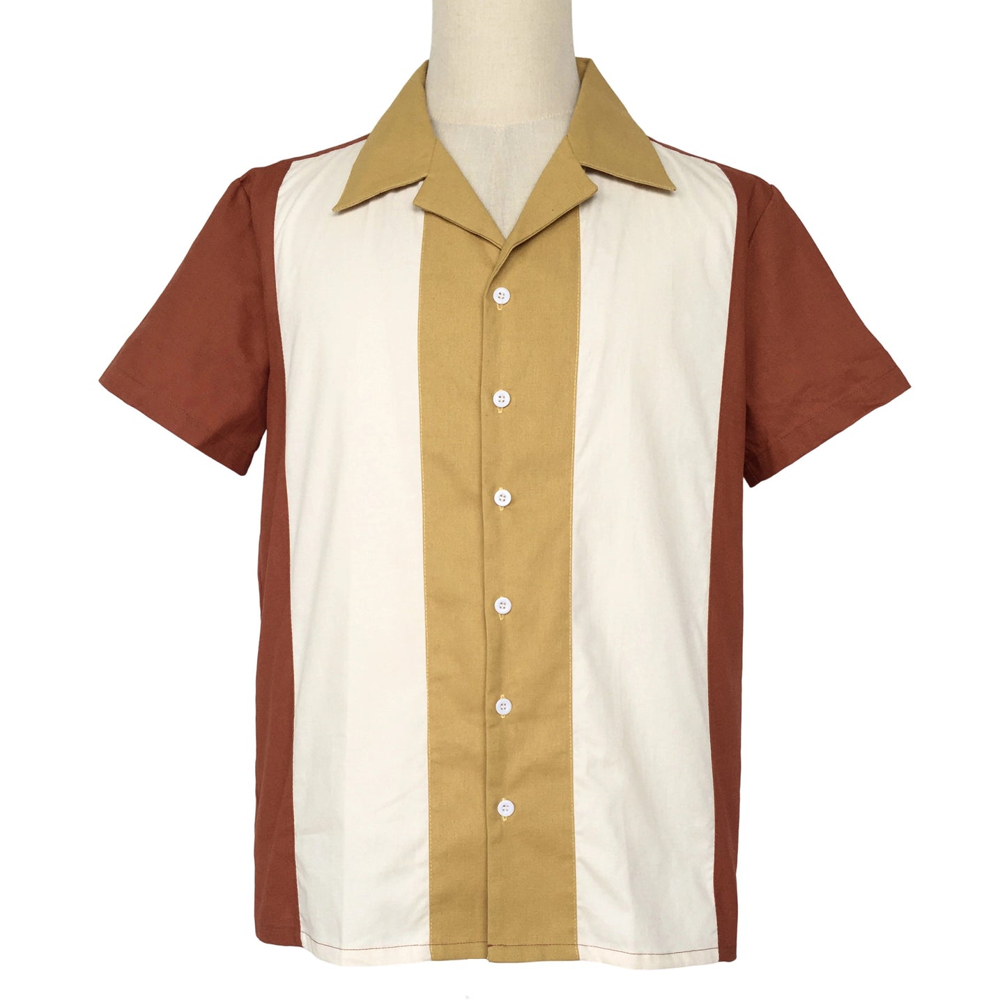 Men's Retro Cuban Collar Short-Sleeve Color Block Shirt (Brown/Beige/White) - Relaxed Fit Casual Top
