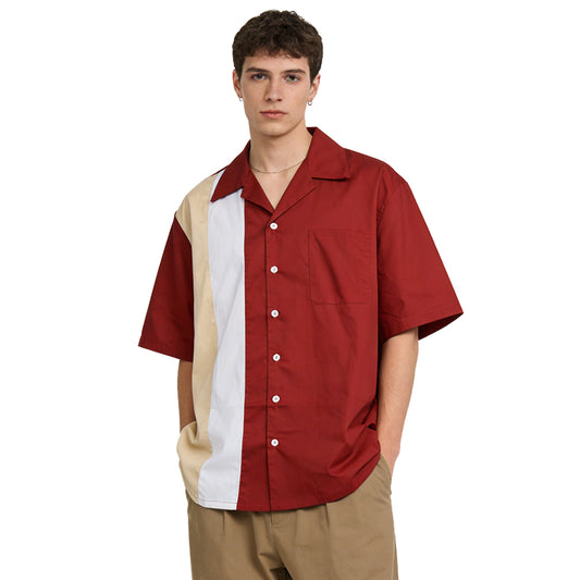 European and American country rock men's color blocked shirt chestnut short sleeved men's lapel top