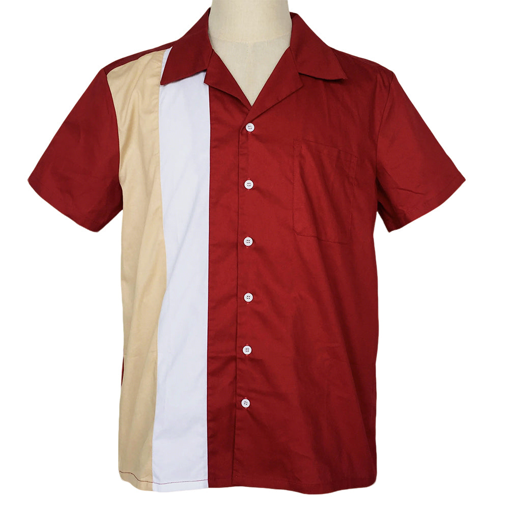 European and American country rock men's color blocked shirt chestnut short sleeved men's lapel top