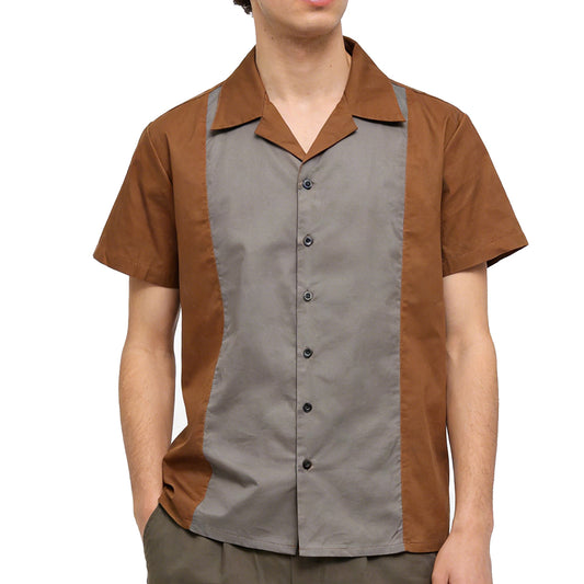 Men's Retro Cuban Collar Color Block Shirt Brown Grey Patchwork Short Sleeve Casual Button Down Shirt