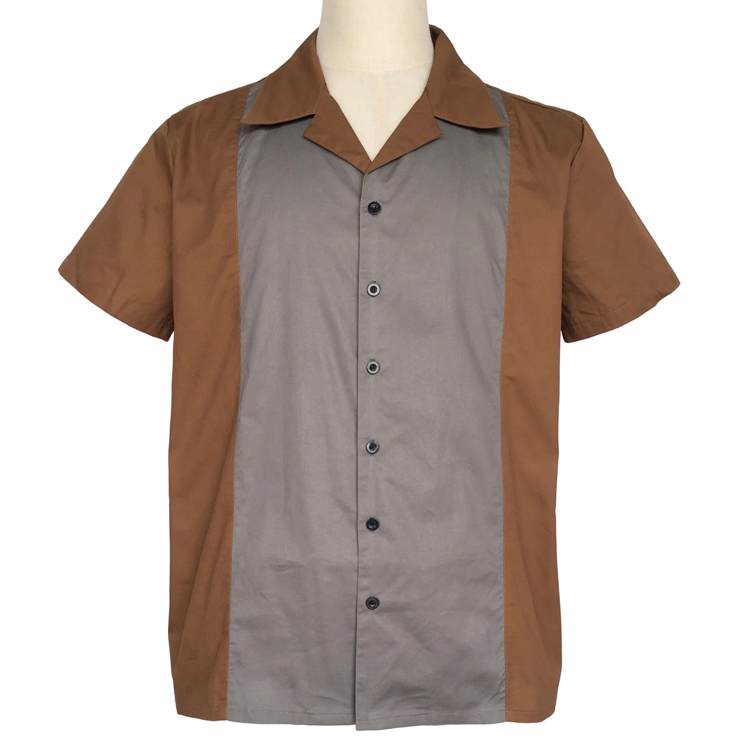 Men's Retro Cuban Collar Color Block Shirt Brown Grey Patchwork Short Sleeve Casual Button Down Shirt