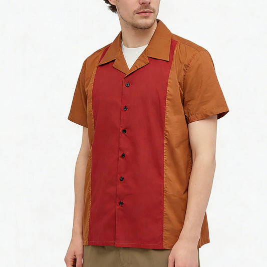 Hot selling plus size men's brown chestnut splicing versatile casual short sleeved shirt