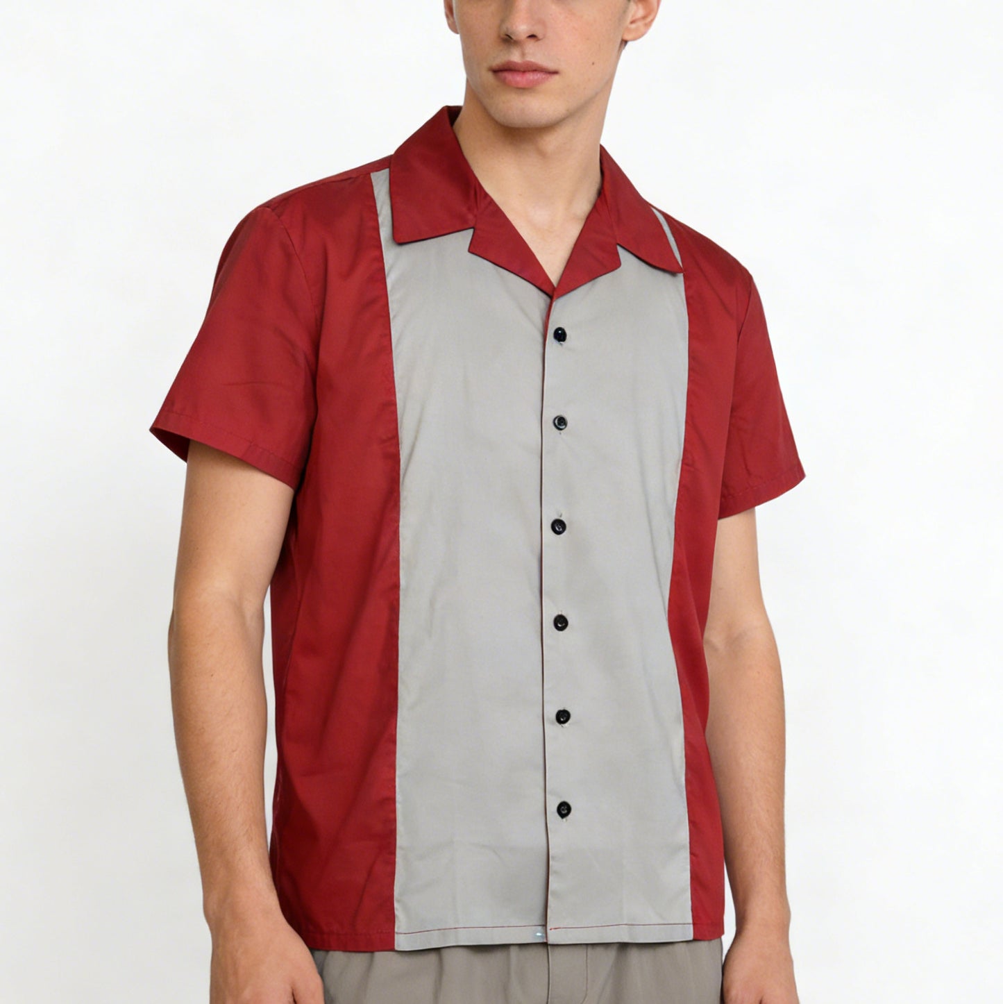 Men's Short Sleeve Cuban Collar Shirt - Burgundy & Light Gray Color Block Casual Button-Down Top