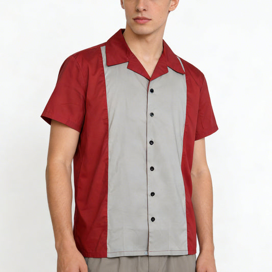 Men's Short Sleeve Cuban Collar Shirt - Burgundy & Light Gray Color Block Casual Button-Down Top