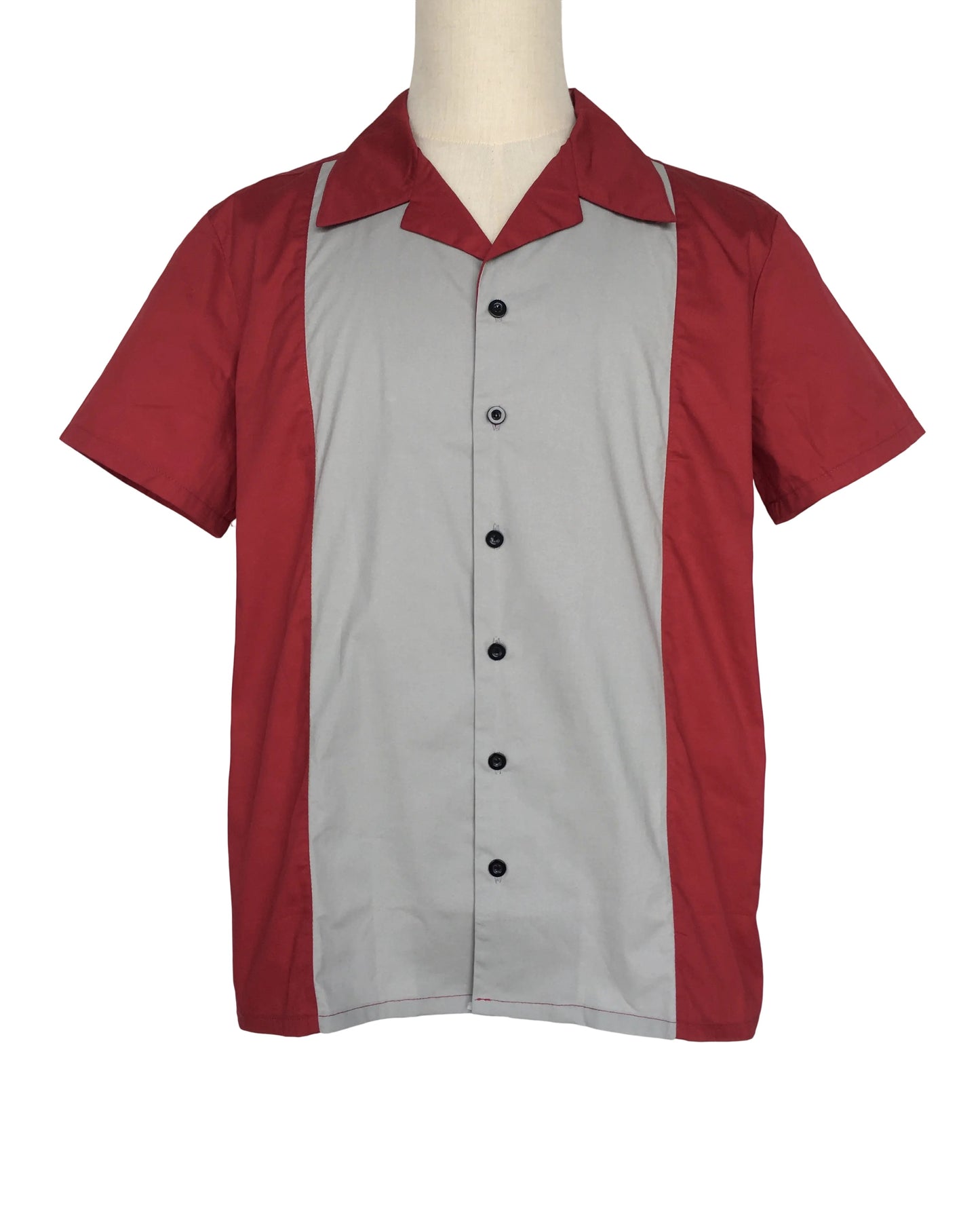 Men's Short Sleeve Cuban Collar Shirt - Burgundy & Light Gray Color Block Casual Button-Down Top