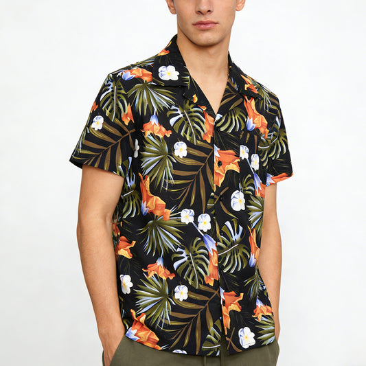 Men's Hawaiian Short Sleeve Shirt Tropical Palm Leaf Floral Print Button Down Vacation Beach Casual Top
