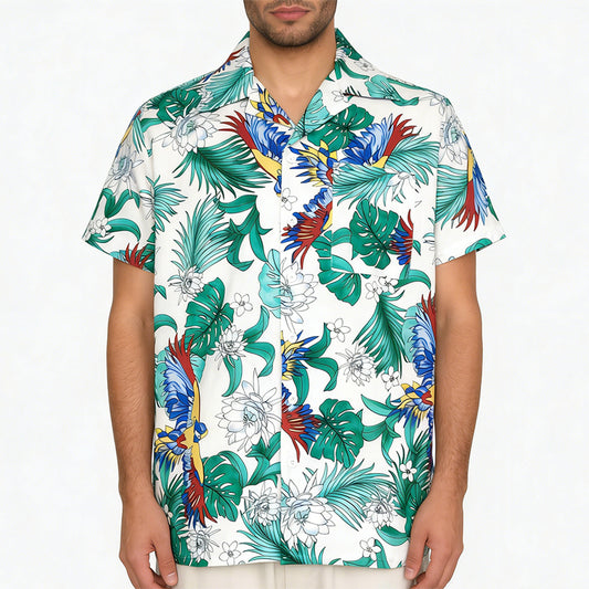 Men's Tropical Parrot & Jungle Leaf Print Short Sleeve Button-Down Shirt - Vintage Vacation Casual Breathable Top