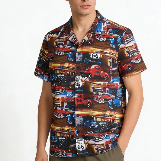 Men's Vintage Route 66 Retro Car & Diner Print Short Sleeve Button-Down Shirt - 1950s Automotive Casual Vacation Top
