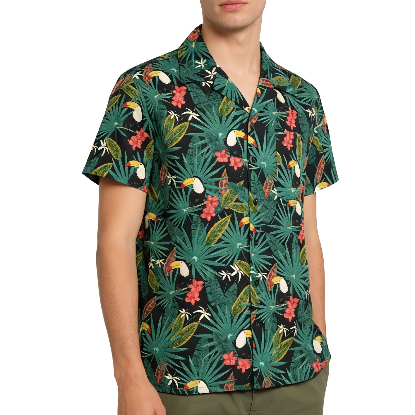 Men's Tropical Toucan & Jungle Leaf Print Cotton Short Sleeve Button-Down Shirt - Casual Vacation Beach Shirt