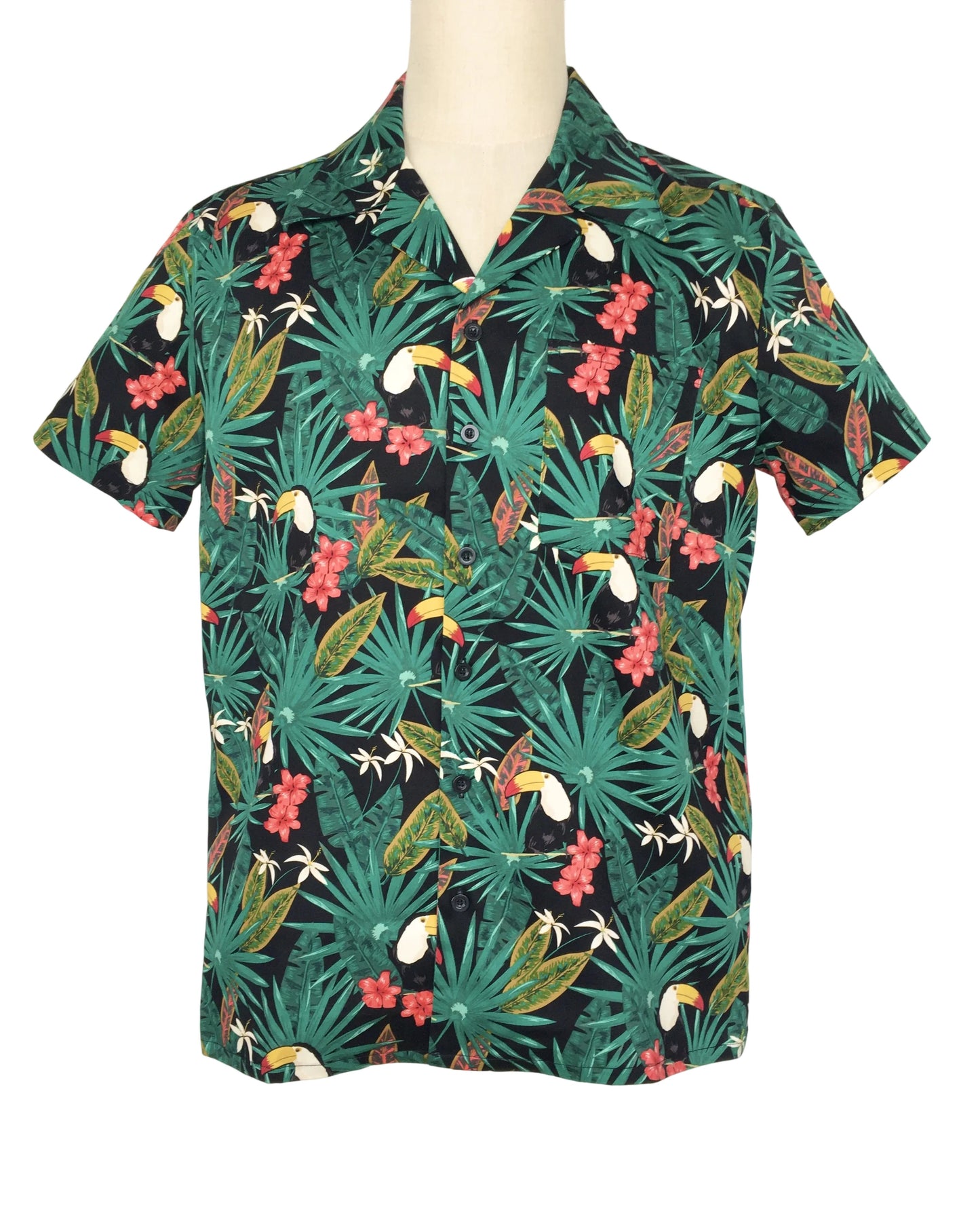 Men's Tropical Toucan & Jungle Leaf Print Cotton Short Sleeve Button-Down Shirt - Casual Vacation Beach Shirt