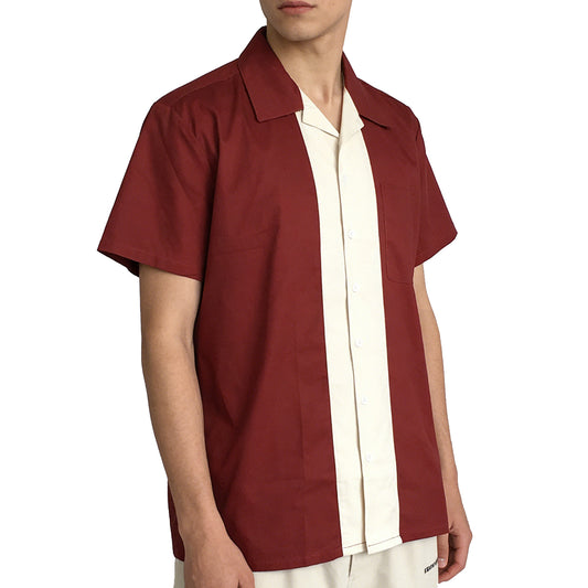 Candowlook Plus Size Men's Original Design Bowling Shirt, Retro Color Block Cotton Loose Short Sleeve Casual Daily Wear