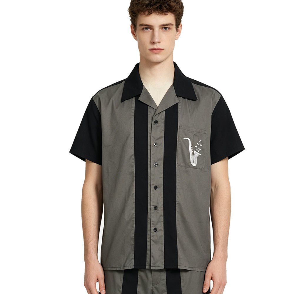 Men's Retro Bowling Shirt In Stock | Cuban Collar Color Block Embroidery Casual Button Down