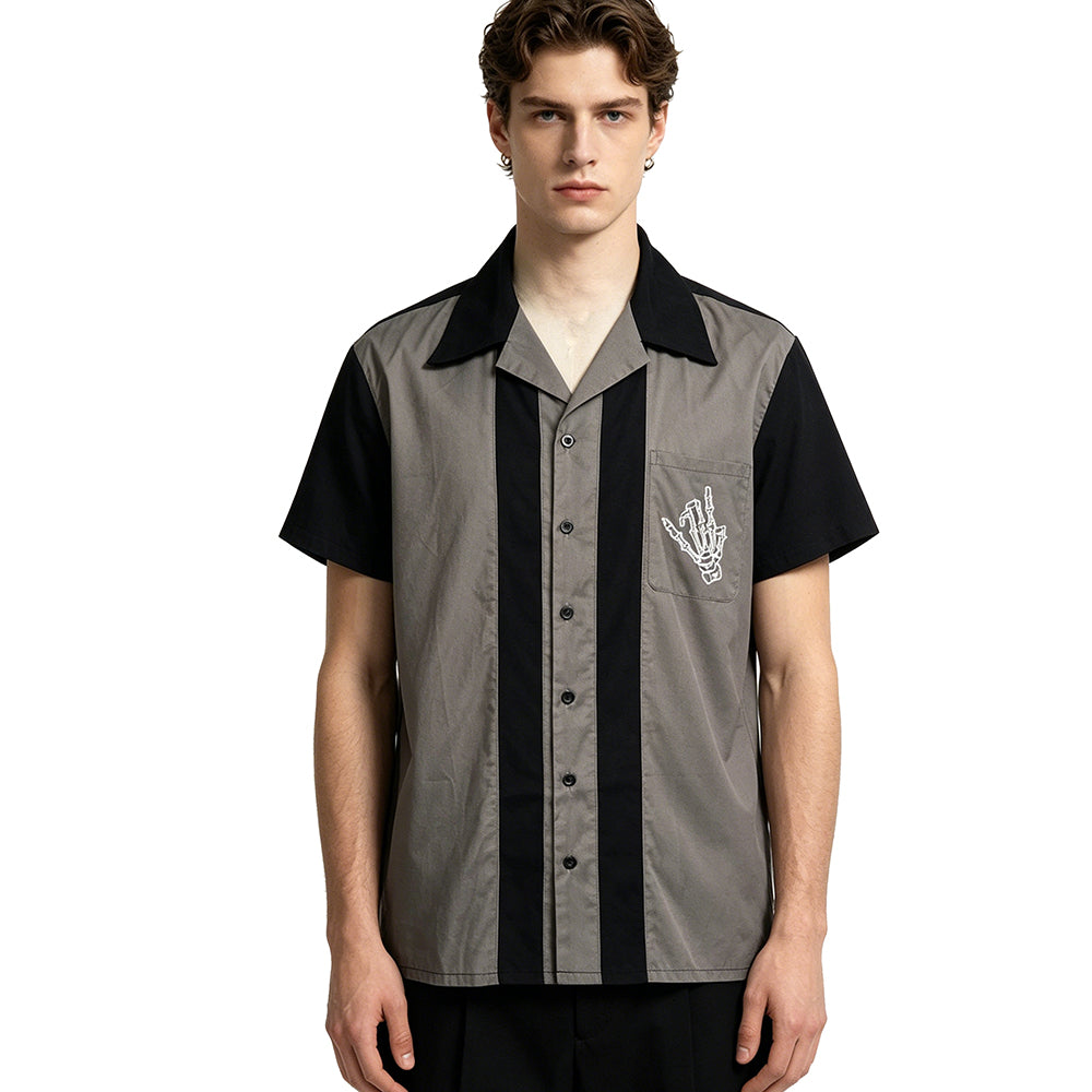 Men's Retro Bowling Shirt In Stock | Cuban Collar Color Block Embroidery Casual Button Down