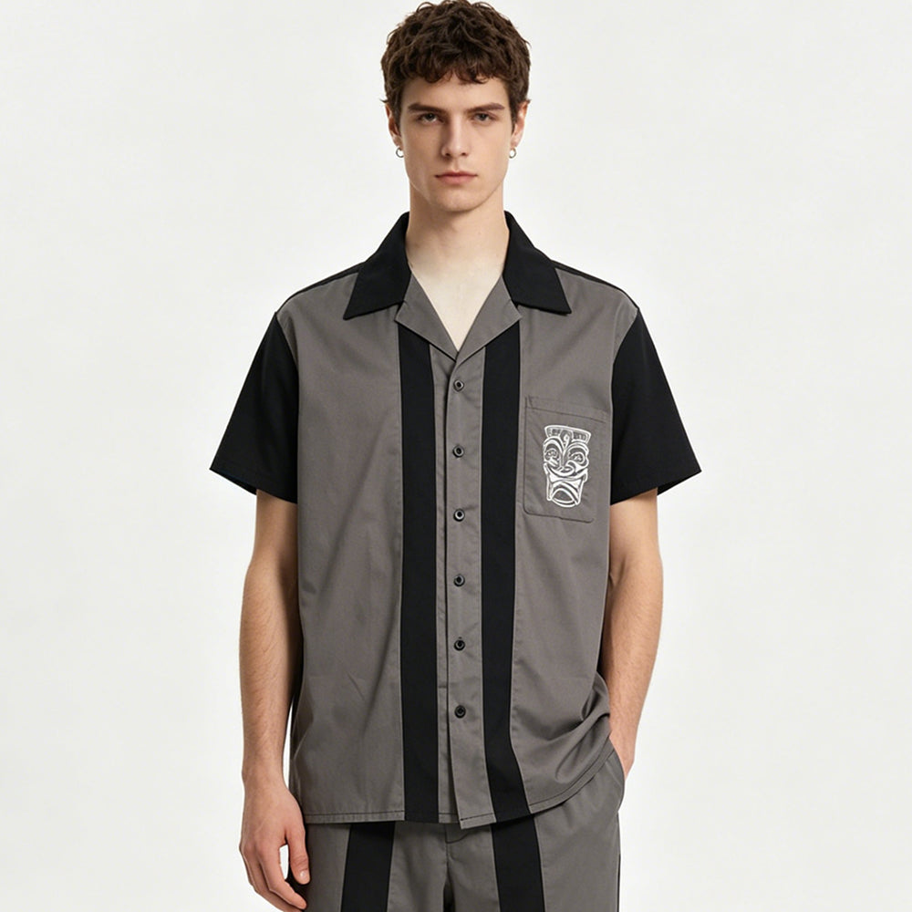 Men's Retro Bowling Shirt In Stock | Cuban Collar Color Block Embroidery Casual Button Down