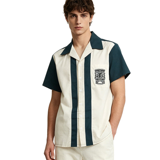 Men's Retro Bowling Shirt - Contrast Stripe Camp Collar Embroidered Shirt