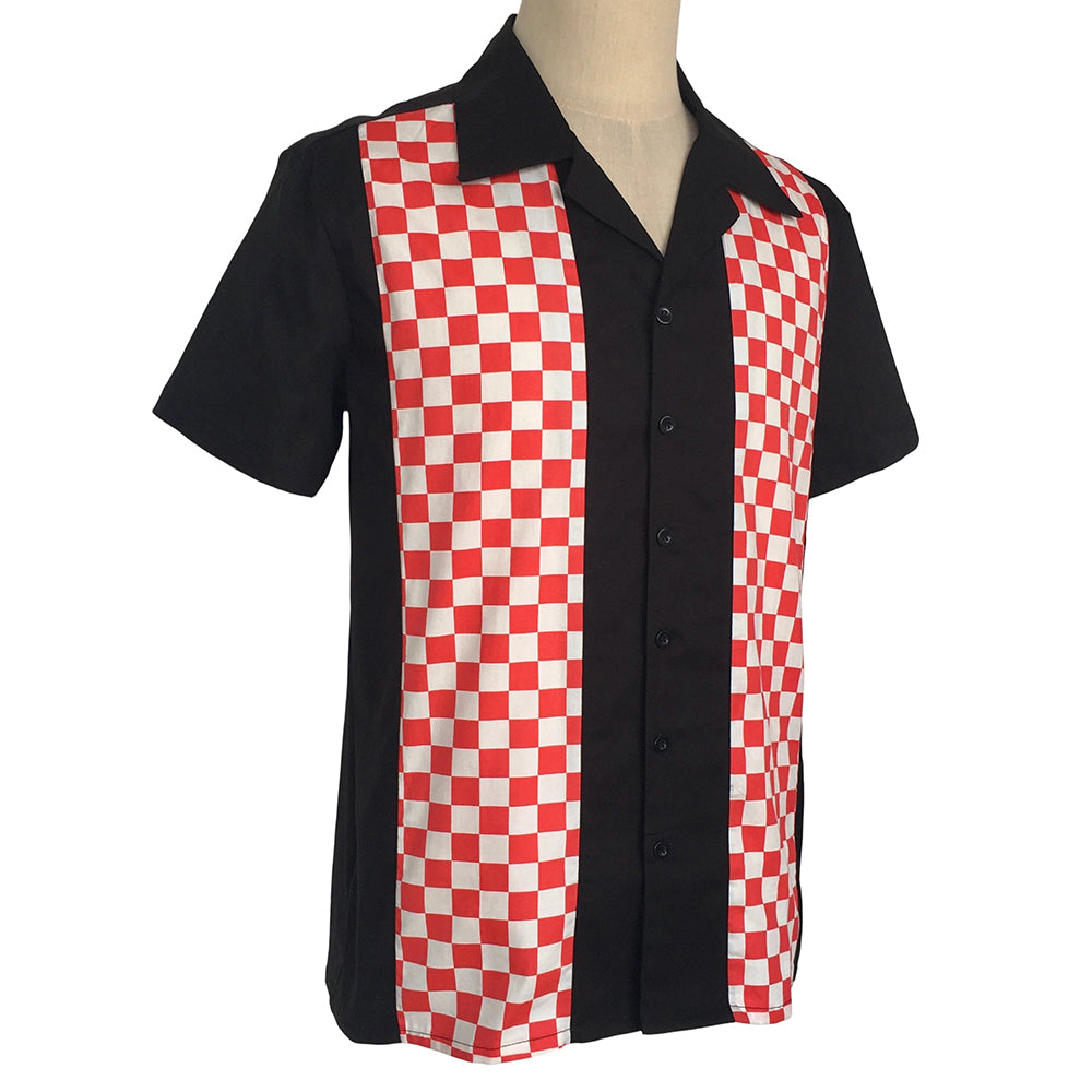 Retro Bowling Shirt Men Black Red Checkerboard Camp Collar Short Sleeve Button‑Down Vintage Rockabilly Shirt