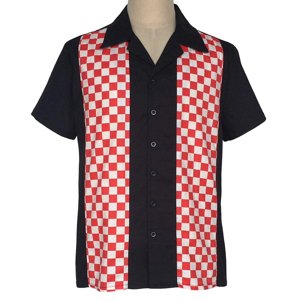 Retro Bowling Shirt Men Black Red Checkerboard Camp Collar Short Sleeve Button‑Down Vintage Rockabilly Shirt