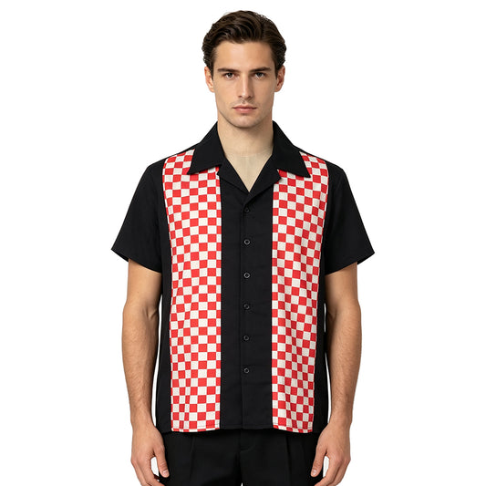 Retro Bowling Shirt Men Black Red Checkerboard Camp Collar Short Sleeve Button‑Down Vintage Rockabilly Shirt
