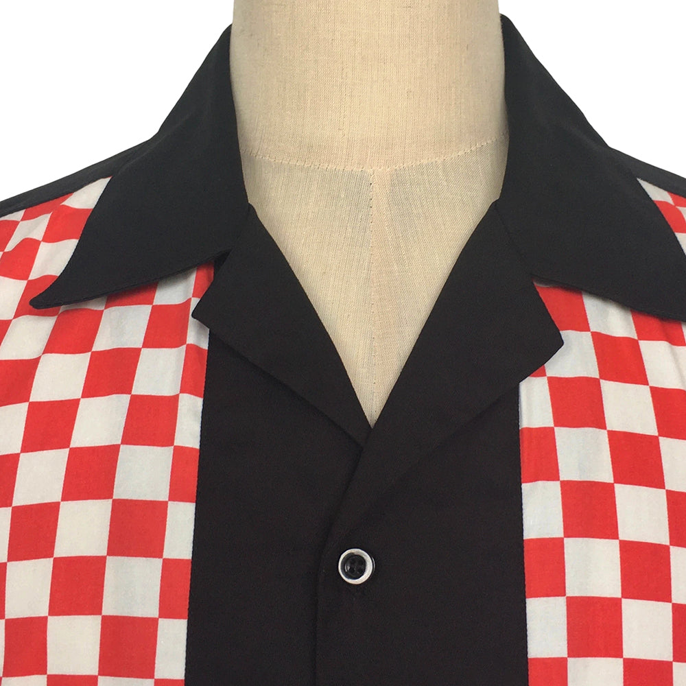 Retro Bowling Shirt Men Black Red Checkerboard Camp Collar Short Sleeve Button‑Down Vintage Rockabilly Shirt