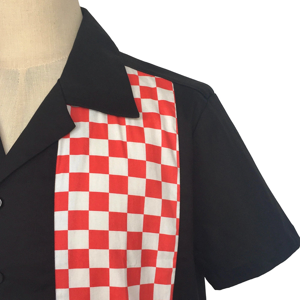 Retro Bowling Shirt Men Black Red Checkerboard Camp Collar Short Sleeve Button‑Down Vintage Rockabilly Shirt