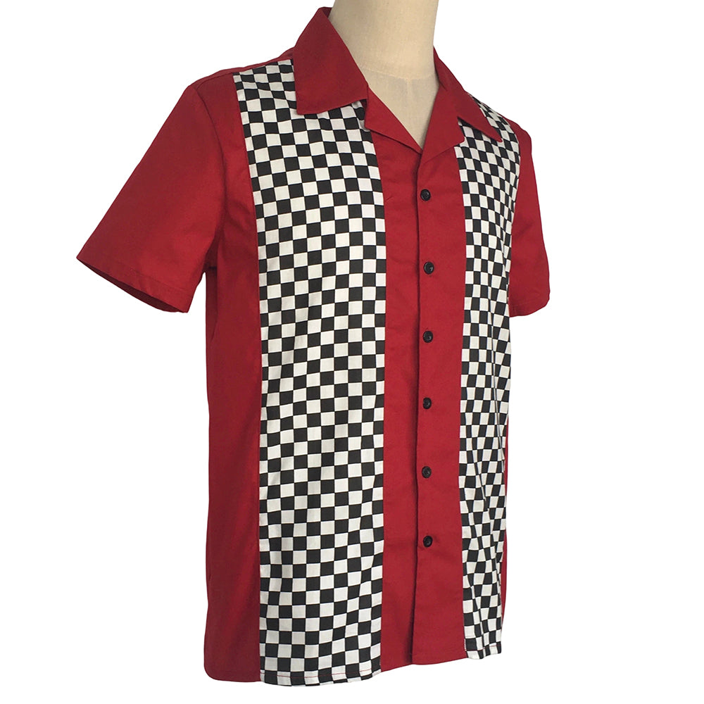 1950s Retro Bowling Shirt Men Burgundy Body Black White Checker Print Camp Collar Shirt