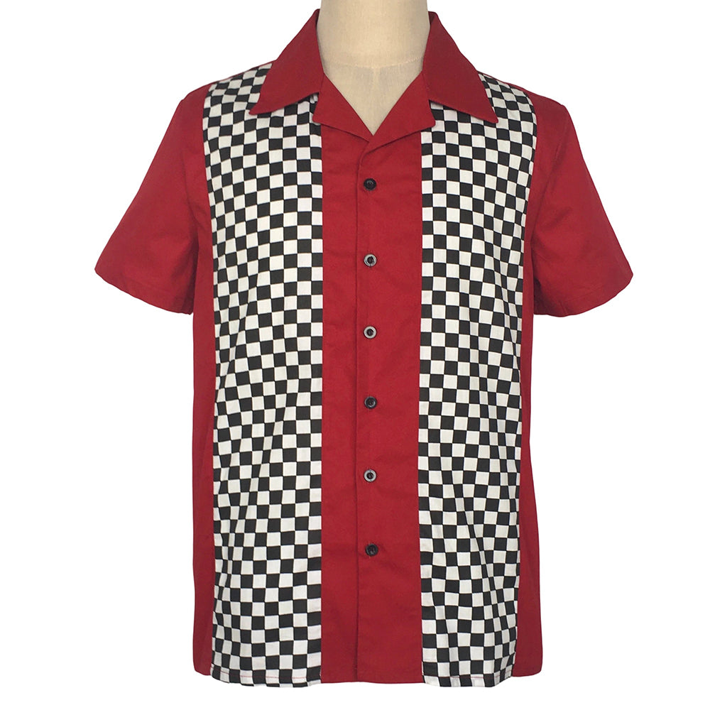1950s Retro Bowling Shirt Men Burgundy Body Black White Checker Print Camp Collar Shirt