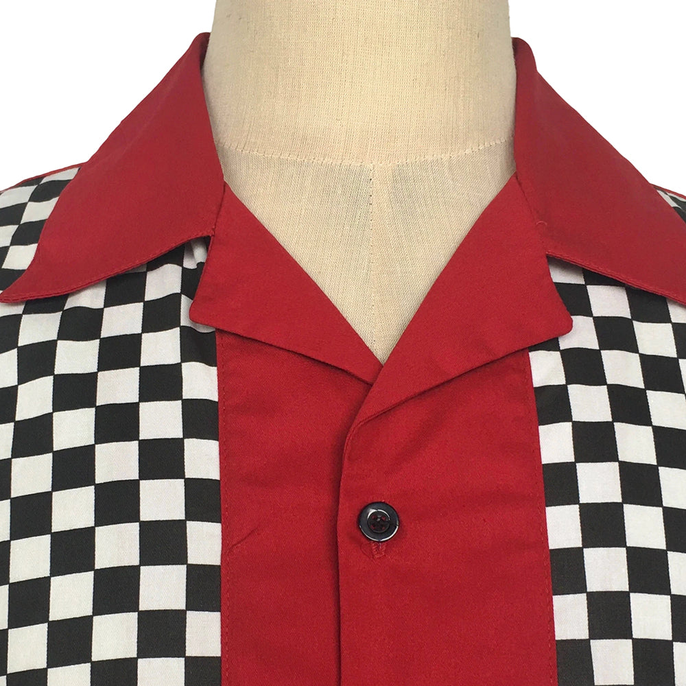 1950s Retro Bowling Shirt Men Burgundy Body Black White Checker Print Camp Collar Shirt