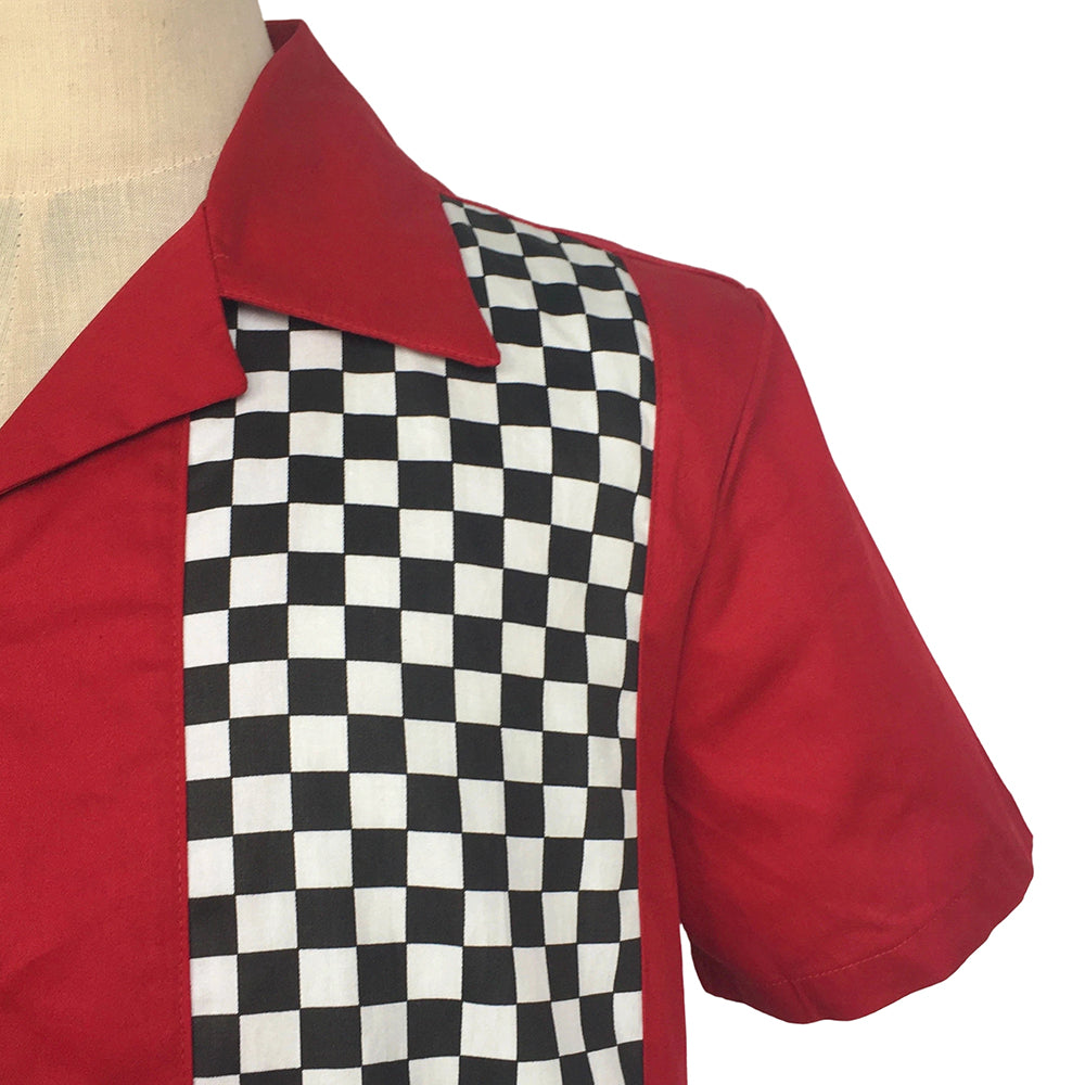 1950s Retro Bowling Shirt Men Burgundy Body Black White Checker Print Camp Collar Shirt