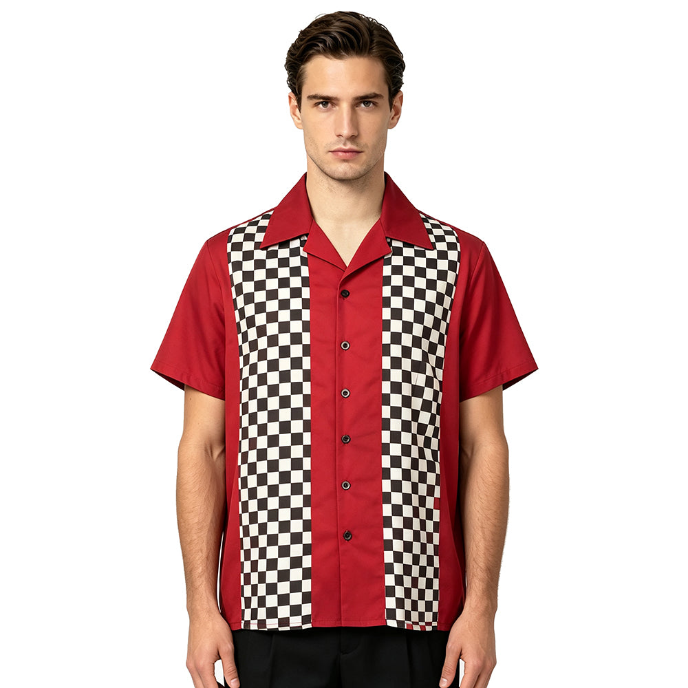 1950s Retro Bowling Shirt Men Burgundy Body Black White Checker Print Camp Collar Shirt