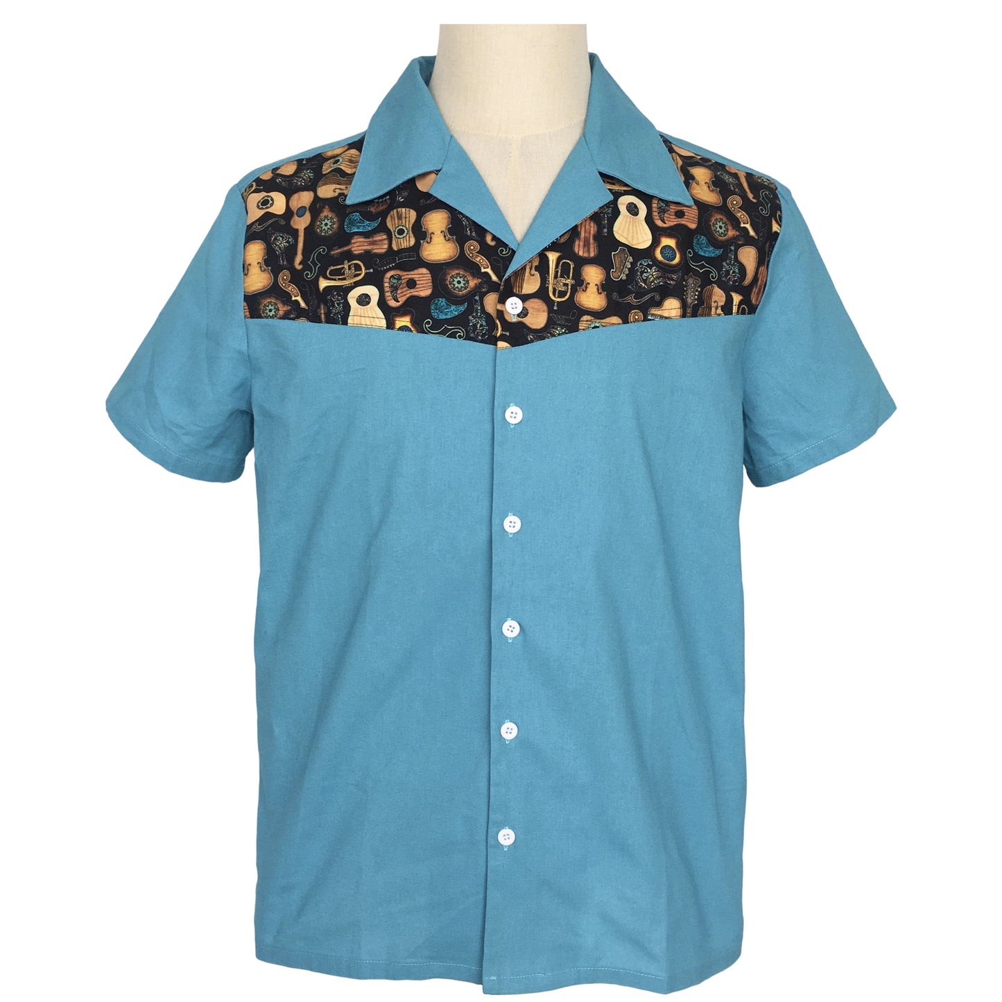 Men's short sleeved shirt guitar color blocked cotton loose casual fake pocket original design