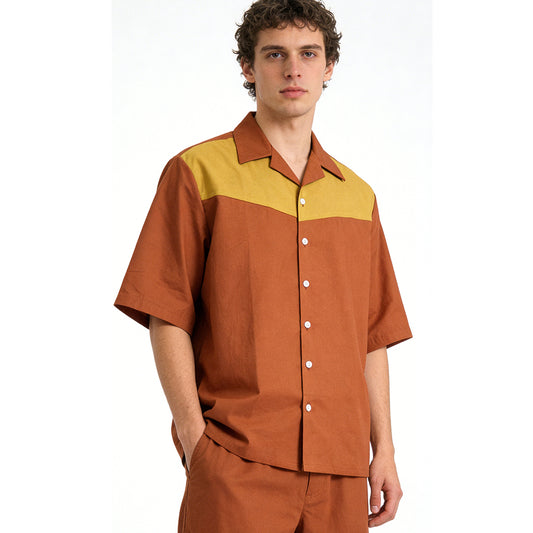 Men's Cuban Collar Short Sleeve Shirt Brown Yellow Color Block Cotton Oversized Retro Casual Top