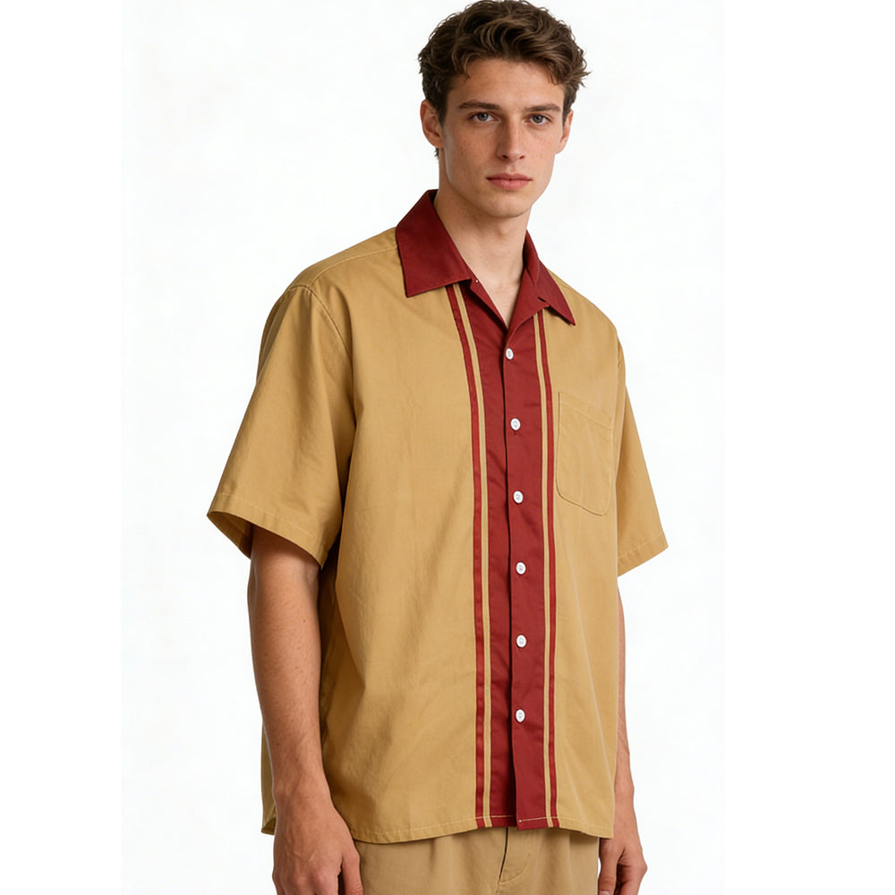 Men's Cuban Collar Short Sleeve Shirt Beige Burgundy Striped Color Block Vintage Relaxed Fit Breathable Cotton Oversized Casual Retro Shirt Wholesale Bulk Order