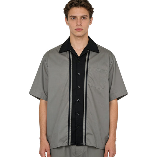 Men's Retro Color Block Oversize Short Sleeve Shirt Workwear Collared Button Down Gray Black Casual Top