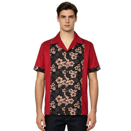 Men's Short Sleeve Bowling Shirt, Retro Floral Color Block Camp Collar Shirts, Casual Button Down Loose Fit Summer Holiday Tops for Men