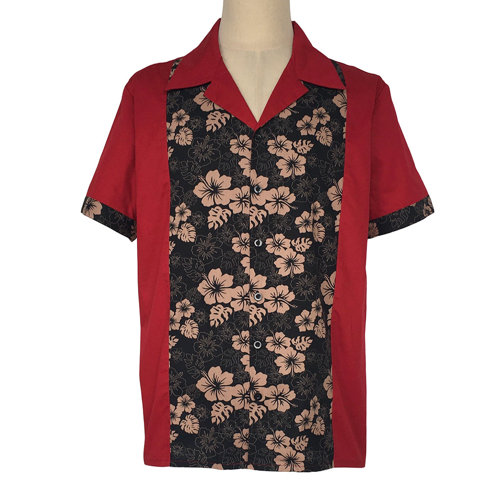 Men's Short Sleeve Bowling Shirt, Retro Floral Color Block Camp Collar Shirts, Casual Button Down Loose Fit Summer Holiday Tops for Men