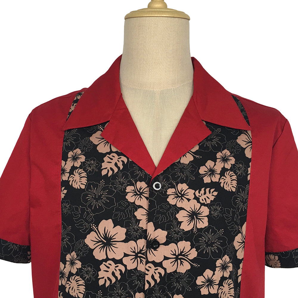 Men's Short Sleeve Bowling Shirt, Retro Floral Color Block Camp Collar Shirts, Casual Button Down Loose Fit Summer Holiday Tops for Men